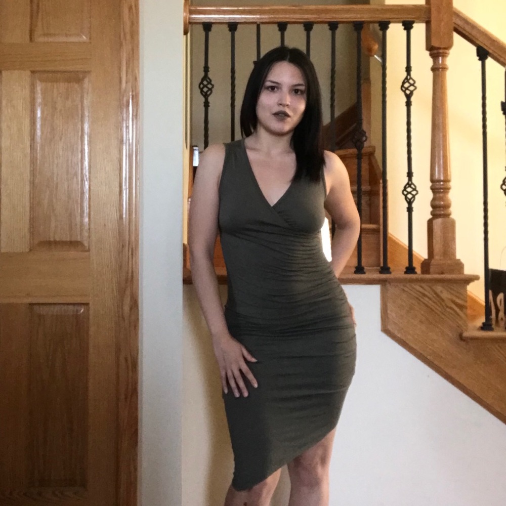 Asymmetrical olive green bodycon dress